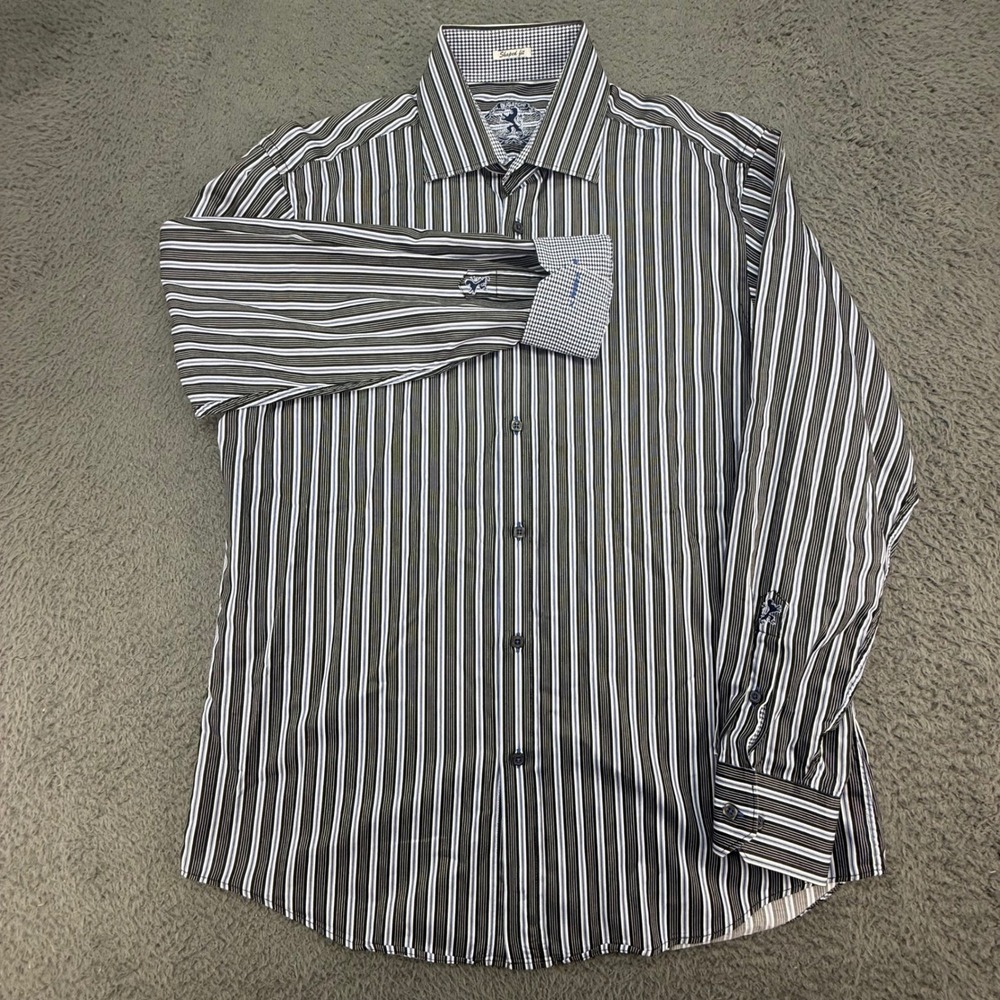 Bugatchi Button Up Shirt Mens L Black Blue Striped Shaped Fit Long Sleeve - Picture 4 of 9